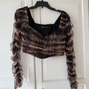 Zara Sheer Black and Brown Long Sleeve Blouse